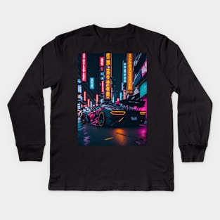 Dark Neon Sports Car in Japanese Neon City Kids Long Sleeve T-Shirt